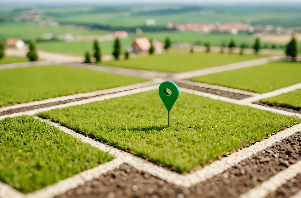 土地にマップのピンが刺さっている画像