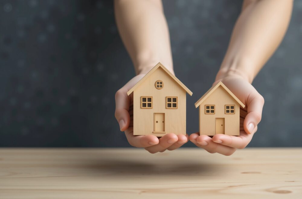 木でできた家を両手で支えている画像