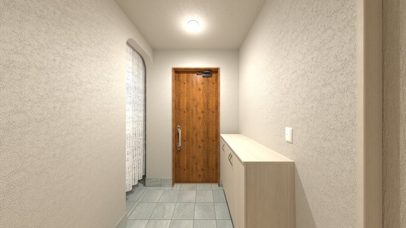 玄関のパース。ナチュラルテイストの空間にアクセントとなる木目調のドアがある玄関