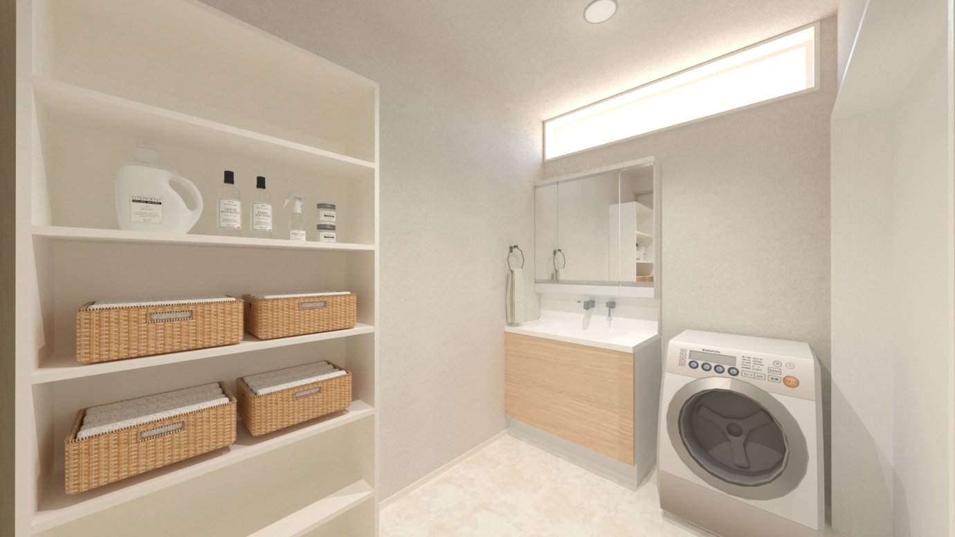 洗面脱衣室のパース。可動棚収納が設置された広々とした洗面脱衣室