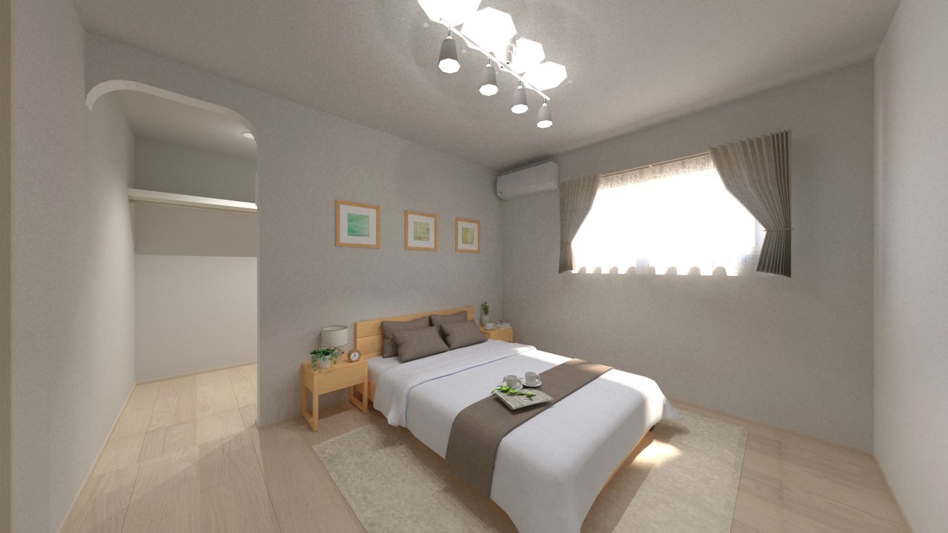 寝室のパース。広々としたコの字型ウォークインクローゼットがある7帖の寝室