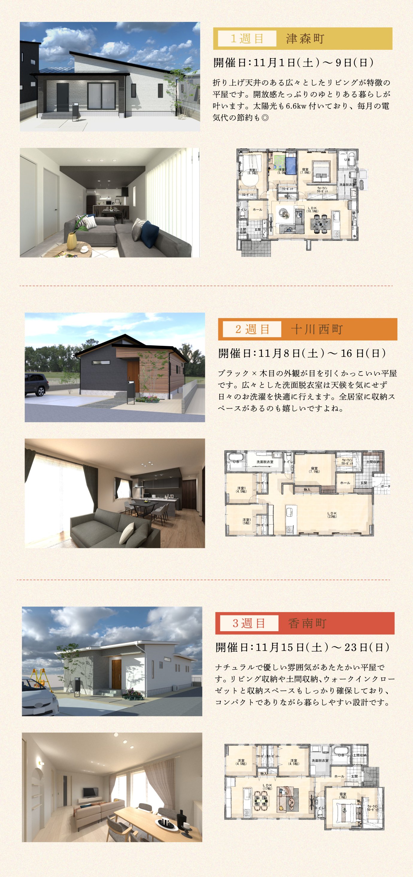 津森町、十川西町、香南町の各モデルハウスの外観や内観パース