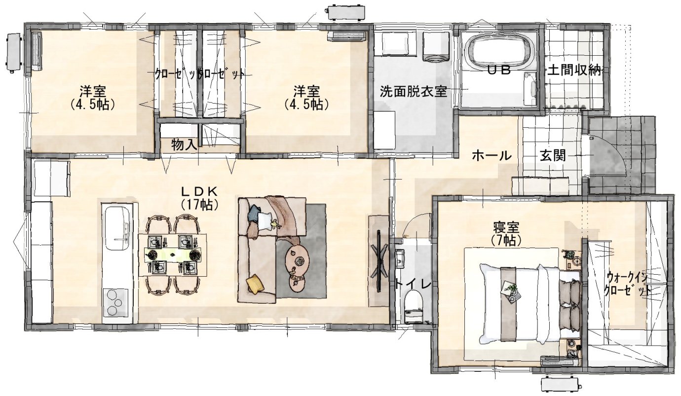アイタウン香南18号地平屋モデルハウスの間取り