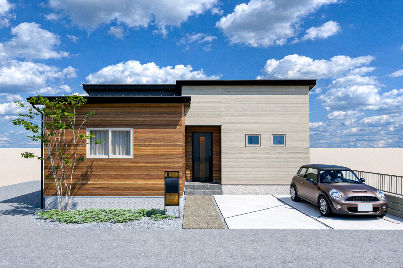 さぬき市長尾西の白と木目の外観の平屋住宅