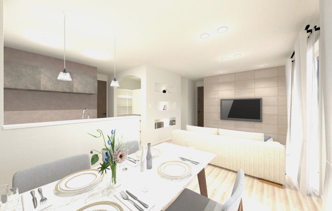 家事動線が最短になるL字型のLDK。空間をゆるやかに分けながらも、ひとつながりの開放感はそのままなので、過ごしやすい間取りです♩※画像はイメージパースです