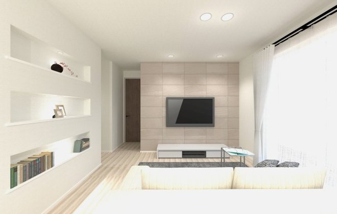 テレビ背面のアクセント壁が、空間に上質な雰囲気を演出。また、収納とデザインを両立したニッチ棚はおしゃれに飾れて便利です。※画像はイメージパースです