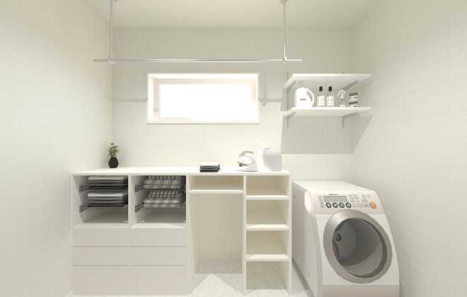 あると嬉しい収納棚。これで洗濯物用品やタオルなどの収納もばっちり！※画像はイメージパースです