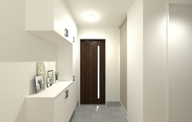 白で統一された玄関ホール。清潔感があり、明るく開放的な印象に。※画像はイメージパースです