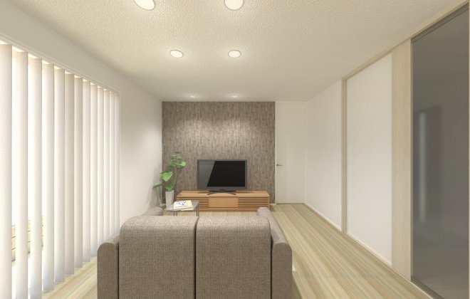 ナチュラルな木目とアクセントクロスが、落ち着いた雰囲気を演出。家族でくつろげるリビングです✨※画像はイメージパースです