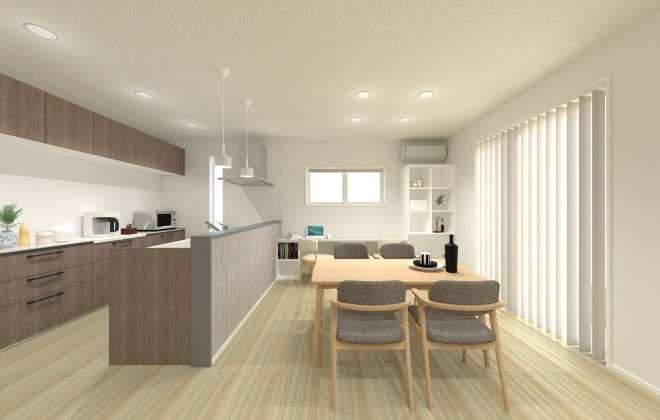 光あふれるダイニングと、収納たっぷりのキッチンで、毎日の暮らしがもっと快適に♪また、オープンタイプのキッチンなので料理も会話も楽しめます◎※画像はイメージパースです