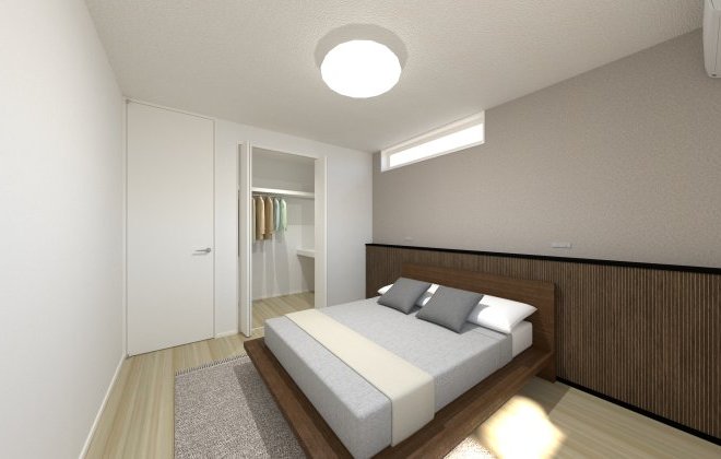 木目の腰壁が空間に温かみをプラス。ベット横にウォークインクローゼットがあるので、朝の身支度もスムーズ💡※画像はイメージパースです