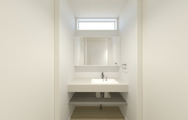 脱衣室と別なので使いやすく快適です。来客時や朝の忙しい時間帯でも、洗面での身支度と脱衣・洗濯を同時に行えるので、家族が重なっても便利です。※画像はイメージパースです