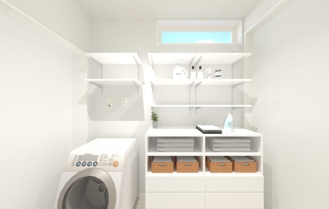 大容量の収納棚付きで水回りのものを全てすっきりと収納可能◎※画像はイメージパースです