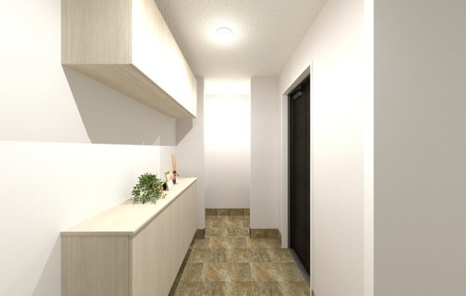 すっきりとした上質な空間の玄関に。ホールから見て、玄関土間と土間収納が一直線にあるので、広々としていて開放的に感じられます◎※画像はイメージパースです