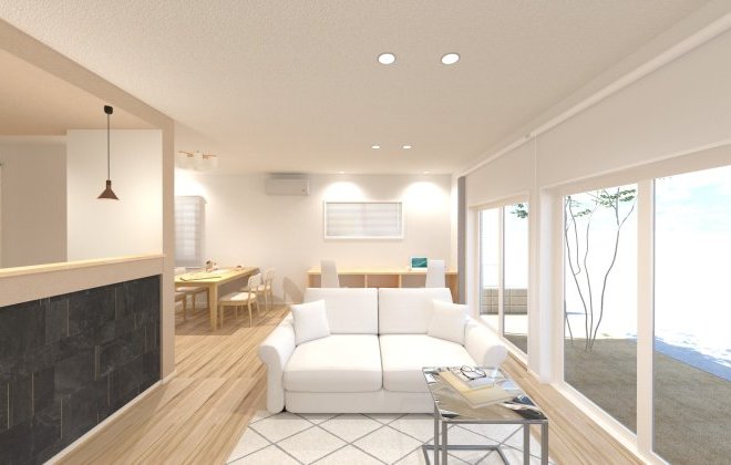 L字型のLDKはキッチン・ダイニング・リビングがゆるやかに区切られ、家族が同じ空間にいながらもそれぞれの時間を過ごしやすくなります。※画像はイメージパースです