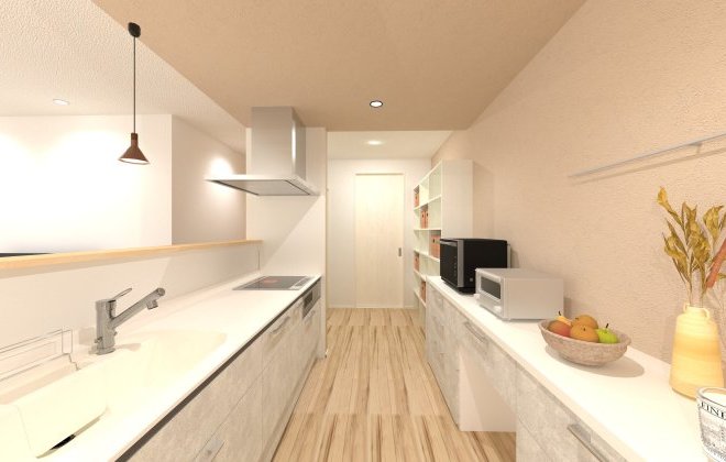 落ち着きのあるおしゃれなキッチンです。大容量のパントリーがキッチン横にあるので、たくさんお買い物をしても大丈夫◎※画像はイメージパースです