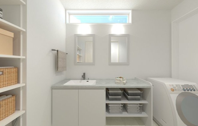 大人が2人立っても余裕のある洗面化粧台。上部にある窓から光が差し込んで明るいです。可動棚付きで、収納にも困りません！※画像はイメージパースです