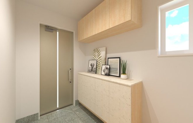 シンプルでおしゃれな玄関。シューズボックス付きで、たくさん靴が片付けられます。※画像はイメージパースです