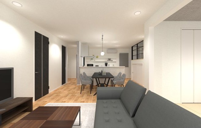 明るく開放感があり、アイランドキッチンや吹き抜けで広がりを感じるLDK。※画像はイメージパースです