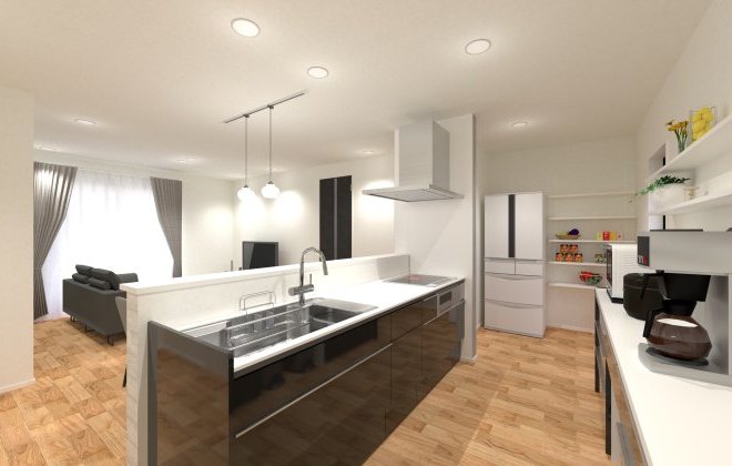 木目のフローリングと白を基調とした空間に、艶感のあるキッチンがアクセントになった心地よいLDK。キッチンは家族の気配や会話を感じられるレイアウトで、料理時間がもっと楽しくなる場所に。大容量の収納棚やパントリーがキッチン横につながっているので、片付けもスムーズ。暮らしやすさとデザイン性、どちらも叶えたこだわりの空間です。※画像はイメージパースです