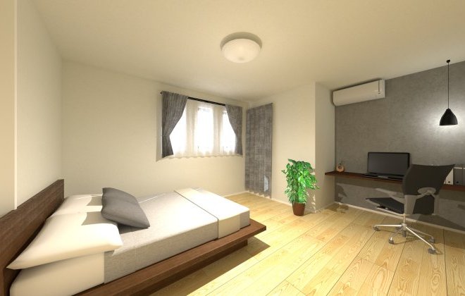 9帖の広々とした寝室は、ただ眠るだけでなく“くつろぎの時間”を楽しめる場所。カウンターでは、本を読んだり仕事をしたりと使い方様々。※画像はイメージパースです