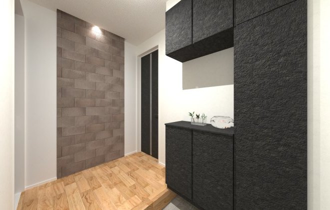 落ち着いた色味と自然な素材感でまとめ、やさしい空気が流れる空間に。天井の照明が壁を照らすことで、華美すぎず、でもしっかり存在感のある上品な玄関ホールを演出しています。収納力抜群の玄関収納もポイント。散らかりがちな玄関をすっきり保ち、気持ちよく暮らせる家に。※画像はイメージパースです