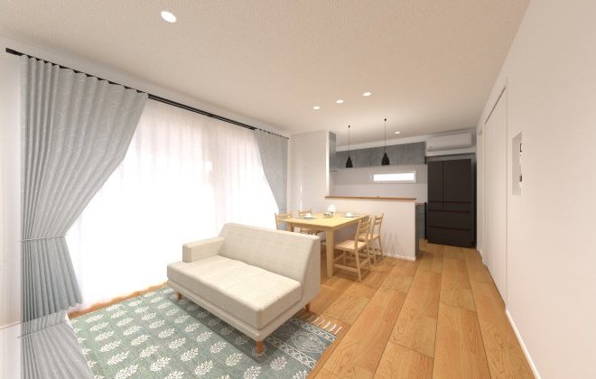 どこにいても全体を見渡せるLDKで、子育て世代にとっても人気。料理をしながらでも家族の様子を見守れ、安心して家事ができます。※画像はイメージパースです