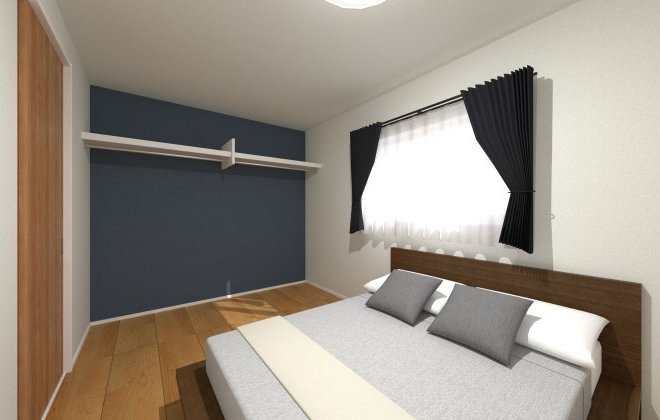 扉のないオープンクローゼットを採用することで、部屋に圧迫感が出にくく、空間を広く見せられるのがポイント。紺色のアクセントクロスがほどよい締まりを与えてくれます。※画像はイメージパースです