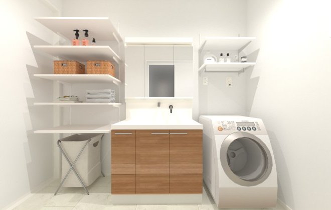 洗面脱衣室には大容量の収納が可能な可動棚を設け、タオルや日用品をすっきり整理できます！キッチンのすぐ横に配置することで、家事動線が良い間取りになっています。※画像はイメージパースです