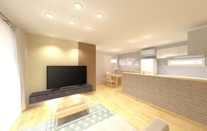 統一感のあるナチュラルカラーで仕上げた、開放感のあるLDK。TV背面の木目格子がデザイン性と空間の引き締め効果を両立。※画像はイメージパースです