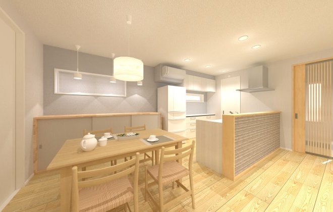 木目と落ち着いたグレーのキッチン壁面が調和し、快適で居心地のよいダイニングキッチンに。またキッチン背面収納＋造作棚で、家事動線と収納効率が大幅アップ！※画像はイメージパースです