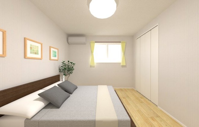 7帖の寝室には、大容量収納ができるウォークインクローゼットを完備。使い勝手の良い収納計画を取り入れた寝室は人気の間取りです。※画像はイメージパースです