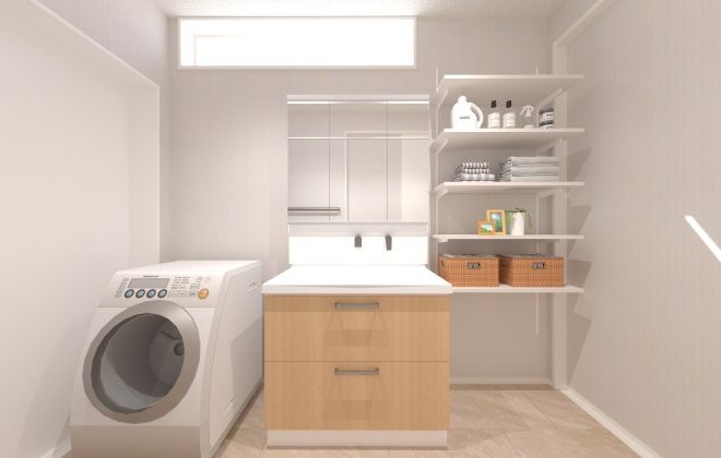 洗面脱衣室には大容量の収納が可能な可動棚を設け、タオルや日用品をすっきり整理できます！※画像はイメージパースです