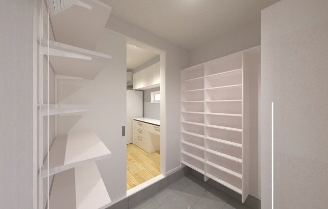 大容量の土間収納は、靴だけではなくアウトドア用品などもすっきりと収納できる使い勝手の良いスペース。また直接キッチンへアクセスできる、家事ラク動線を設けました。※画像はイメージパースです