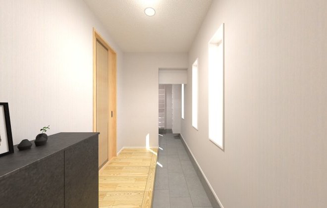 自然光が差し込む明るい玄関ホールは、来客を気持ちよく迎え入れる上質な空間に。またブラックのシューズクロークが、明るい空間を程よく引き締めるアクセントになっています。※画像はイメージパースです