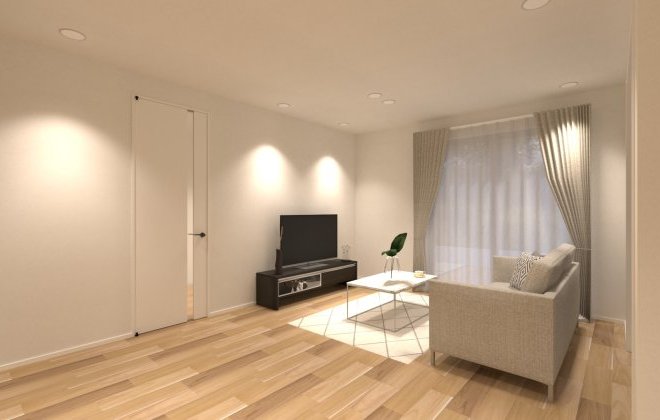 ナチュラルな木目床とやさしい色合いでまとめた、明るく落ち着きのあるリビング。ダウンライトで天井もすっきりと仕上げ、シンプルで暮らしやすい内装デザインです。※画像はイメージパースです