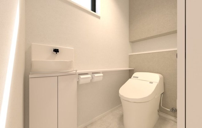 背面ニッチは、トイレットペーパーをすっきり収納したりなど使い方様々。ベージュの壁紙でまとめた、ナチュラルで落ち着きのあるトイレ空間は、毎日心地よく使えるデザインです。※画像はイメージパースです