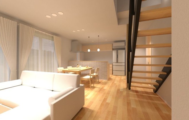 ダイニングキッチンからリビングまで視線が抜け、ゆったりとした広さと明るさを確保した間取り。※画像はイメージパースです