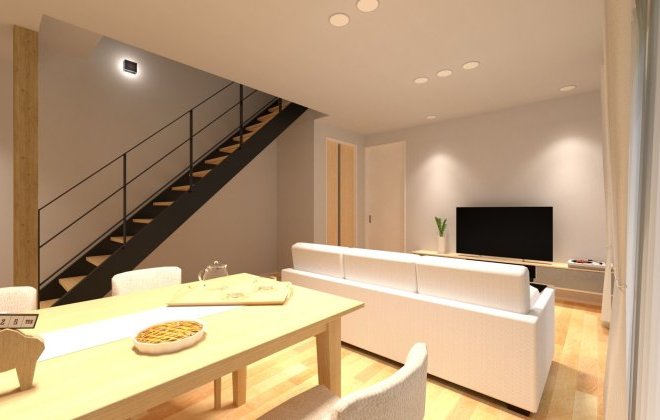 リビング階段と一体になったLDKは、家族の気配を感じられる開放的な空間。階段のブラック手すりが空間を程よく引き締め、ナチュラル×モダンなデザインに。※画像はイメージパースです