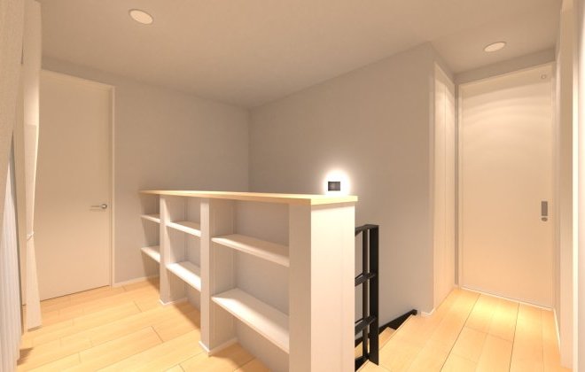2階廊下に棚付き収納を設け、家族共有の物や日用品などをすっきり納められる便利なスペース。※画像はイメージパースです