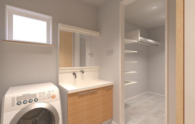 洗面脱衣室とクローゼットが直結した間取りで、毎日の家事動線をスムーズに！クローゼットにはハンガーパイプと可動棚を備え、衣類やタオル類もたっぷり収納可能。※画像はイメージパースです