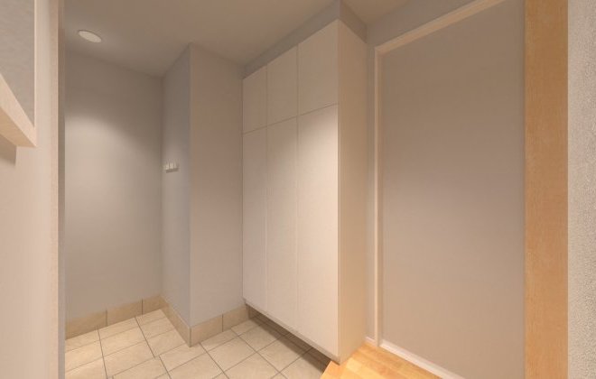淡いグレージュと木目が調和した玄関ホール。土間収納とシューズクローク付きで、見た目も使い勝手もすっきり整います。※画像はイメージパースです
