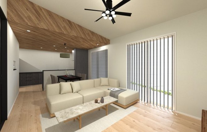 勾配天井により、開放感を最大限に引き出したLDK。天井に広がる木の質感とシーリングファンが、視線を上へと導き、実際の畳数以上の広さを感じさせます。※画像はイメージパースです