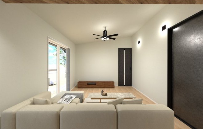 リビング中央にはシーリングファンを設置し、空気の流れを整えることで一年を通して快適な室内環境に。大きな掃き出し窓からは自然光が入り、明るく心地よい時間を過ごせます。※画像はイメージパースです