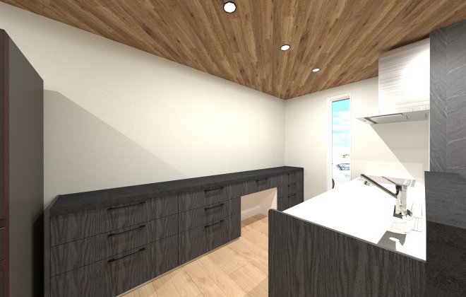 ブラックオークが空間を引き締める、落ち着きのあるキッチン。背面収納は幅3,630mmとゆとりのある広さを確保することで、日々の家事効率を高めます。※画像はイメージパースです