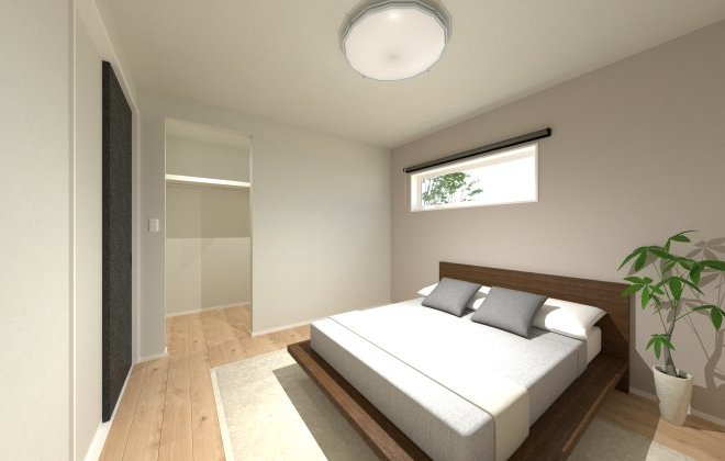 7帖の広さを確保した、ゆとりのある主寝室。ウォークインクローゼットを併設することで、衣類や季節物をまとめて収納でき、寝室空間をすっきりと保てます。※画像はイメージパースです