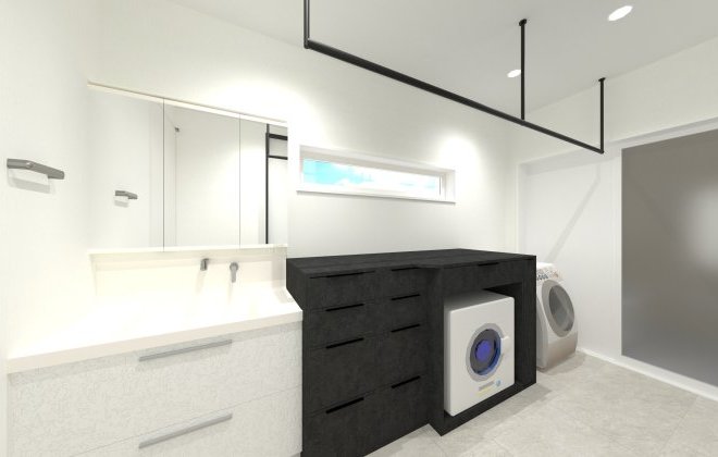 洗面・脱衣・ランドリーの機能を一体化した、家事効率にこだわったランドリールーム。ガス衣類乾燥機「乾太くん」により、天候や時間に左右されずに洗濯が可能に！※画像はイメージパースです