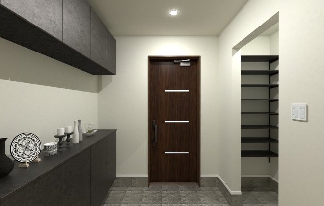 落ち着いたトーンでまとめた、上質感のある玄関空間。シューズクロークを併設することで、アウトドア用品やベビーカーなどもまとめて収納できます。※画像はイメージパースです
