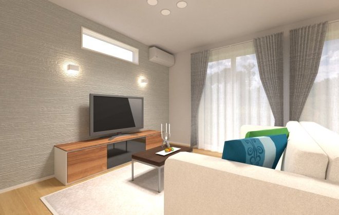 【リビング】アクセントクロスと柔らかな照明が映える、ホテルライクなリビング。高窓からの光が空間に奥行きを生み、時間帯ごとに心地よさを感じられるLDKです。※画像はイメージパースです