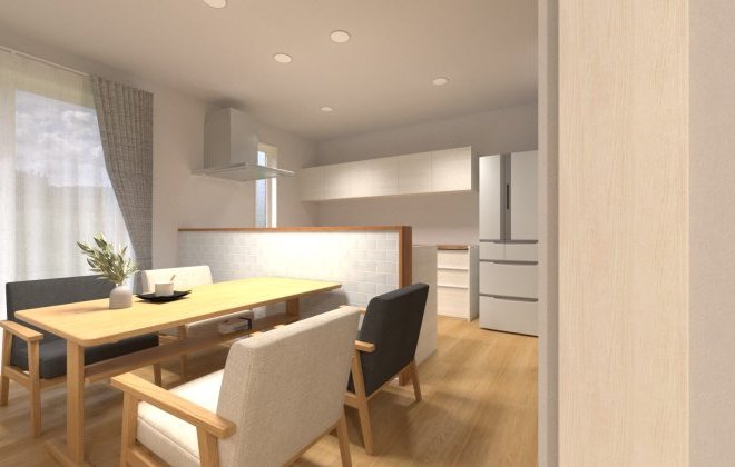 【ダイニングキッチン】タイルの質感が美しく映える腰壁が、ダイニングとキッチンをやさしく仕切るアクセントに。キッチンと背面収納は白で統一することで、空間全体に明るさと清潔感をもたらします。※画像はイメージパースです